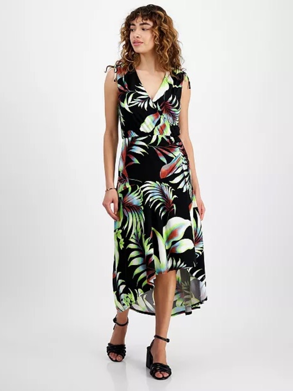 NWOT RACHEL Rachel Roy Black Tropical Floral High-Low Dress with Green Accents